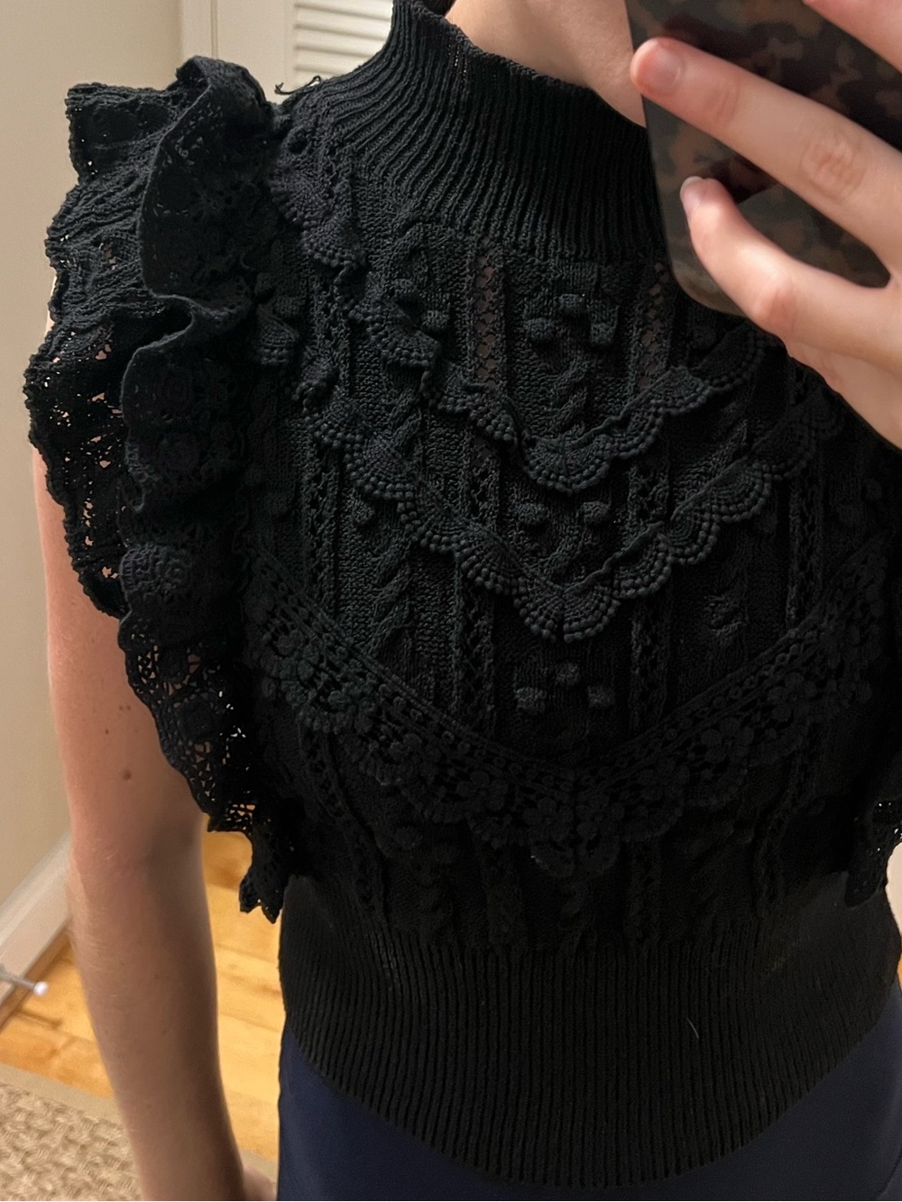 Zara Black Lace-Trim Knit Ruffle Sleeve Tank